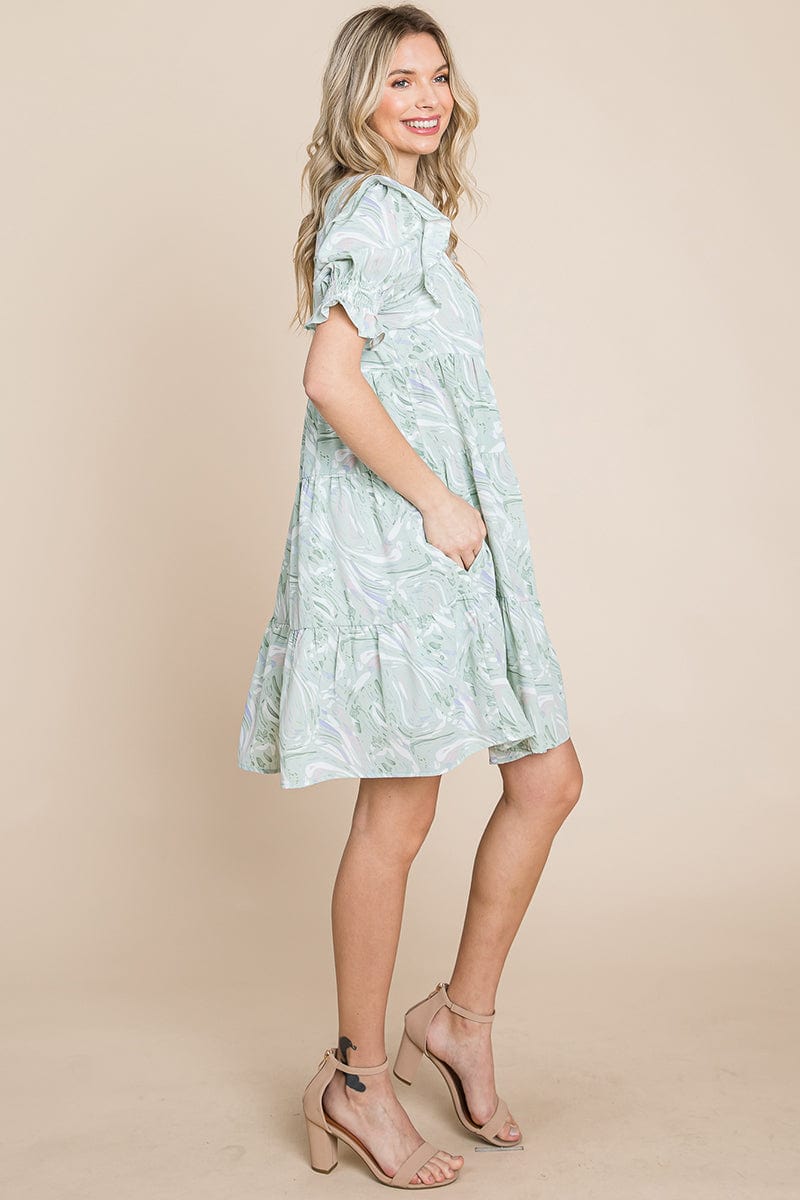 A stylish Printed Ruffle Short Sleeve Tiered Swing Dress featuring layered design, short puff sleeves, and vibrant abstract print with side pockets.