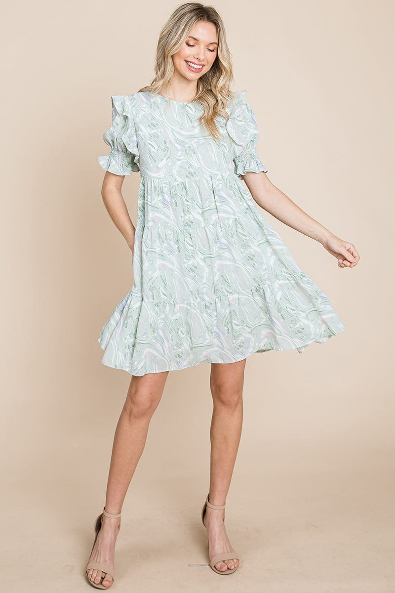 A stylish Printed Ruffle Short Sleeve Tiered Swing Dress featuring layered design, short puff sleeves, and vibrant abstract print with side pockets.