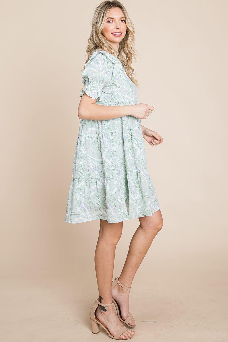 A stylish Printed Ruffle Short Sleeve Tiered Swing Dress featuring layered design, short puff sleeves, and vibrant abstract print with side pockets.