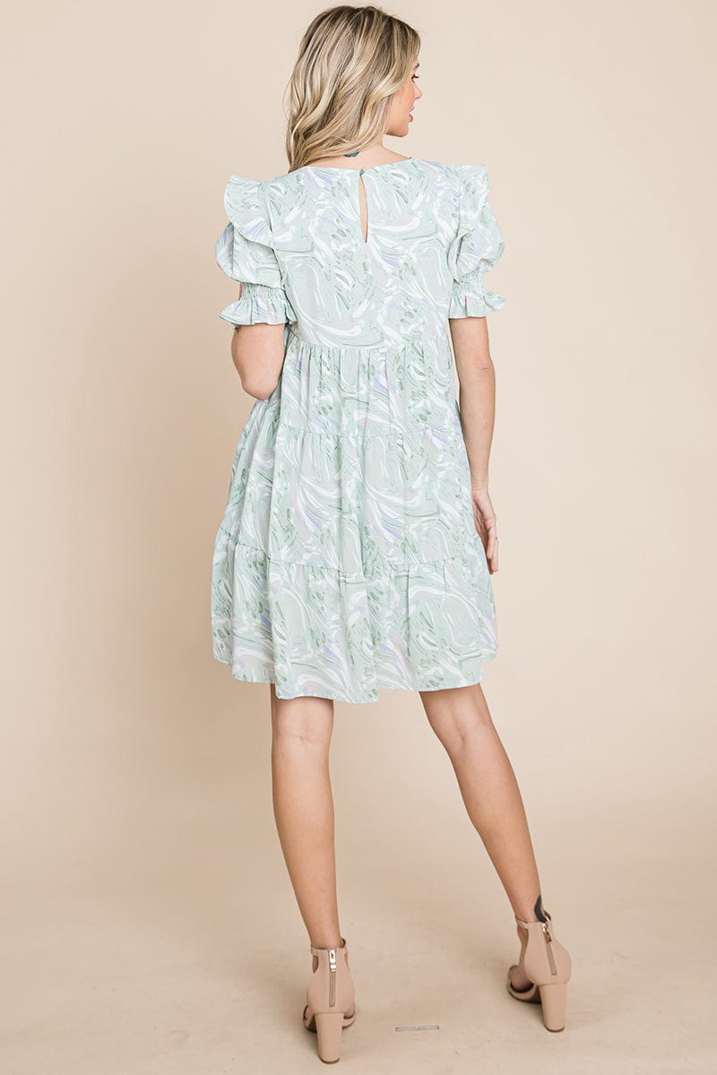 A stylish Printed Ruffle Short Sleeve Tiered Swing Dress featuring layered design, short puff sleeves, and vibrant abstract print with side pockets.