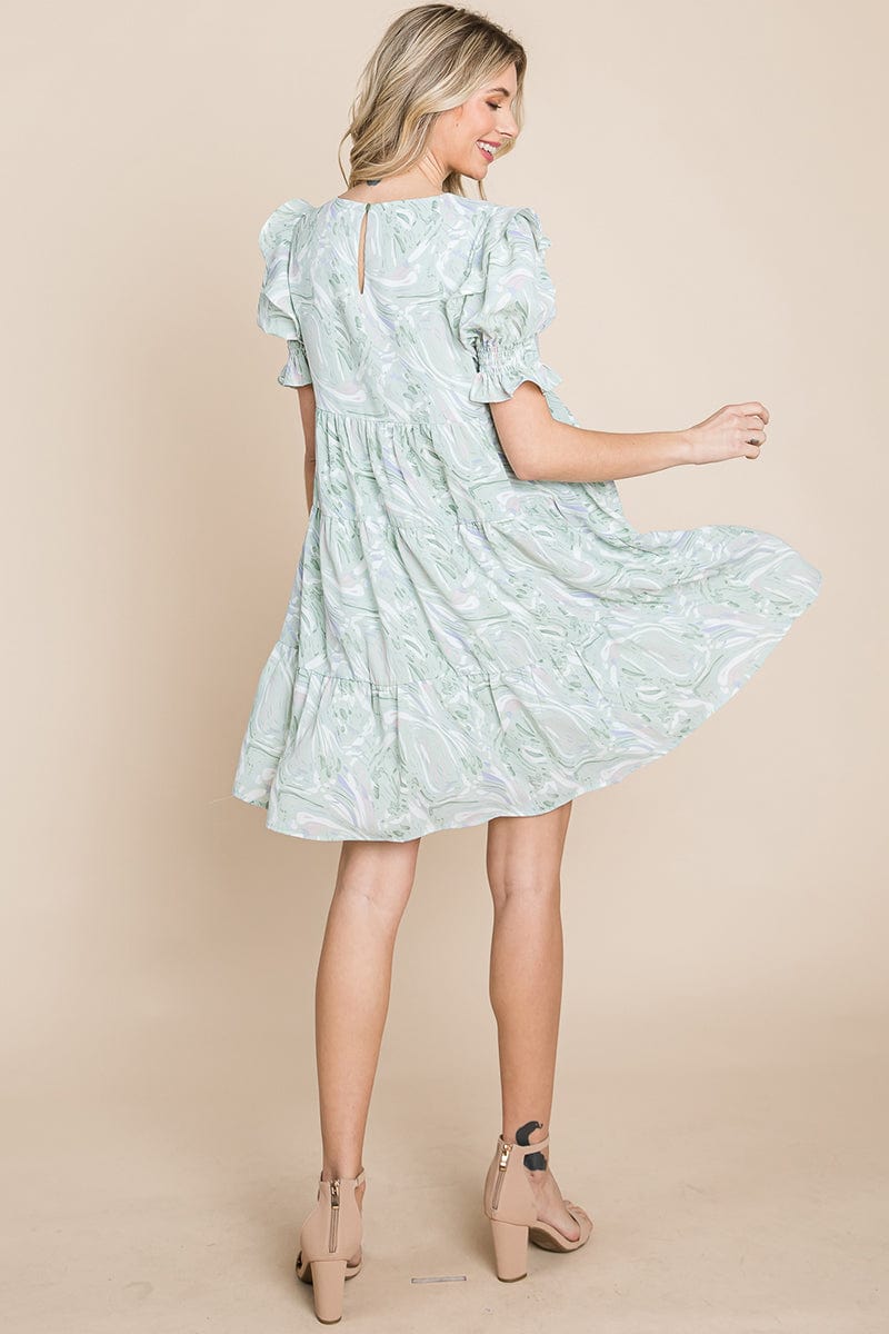 A stylish Printed Ruffle Short Sleeve Tiered Swing Dress featuring layered design, short puff sleeves, and vibrant abstract print with side pockets.