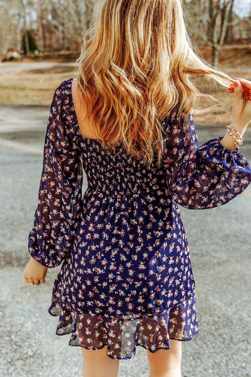 A stylish Printed Square Neck Ruffled Dress featuring a chic printed pattern, square neckline, long sleeves, and an A-line hem.