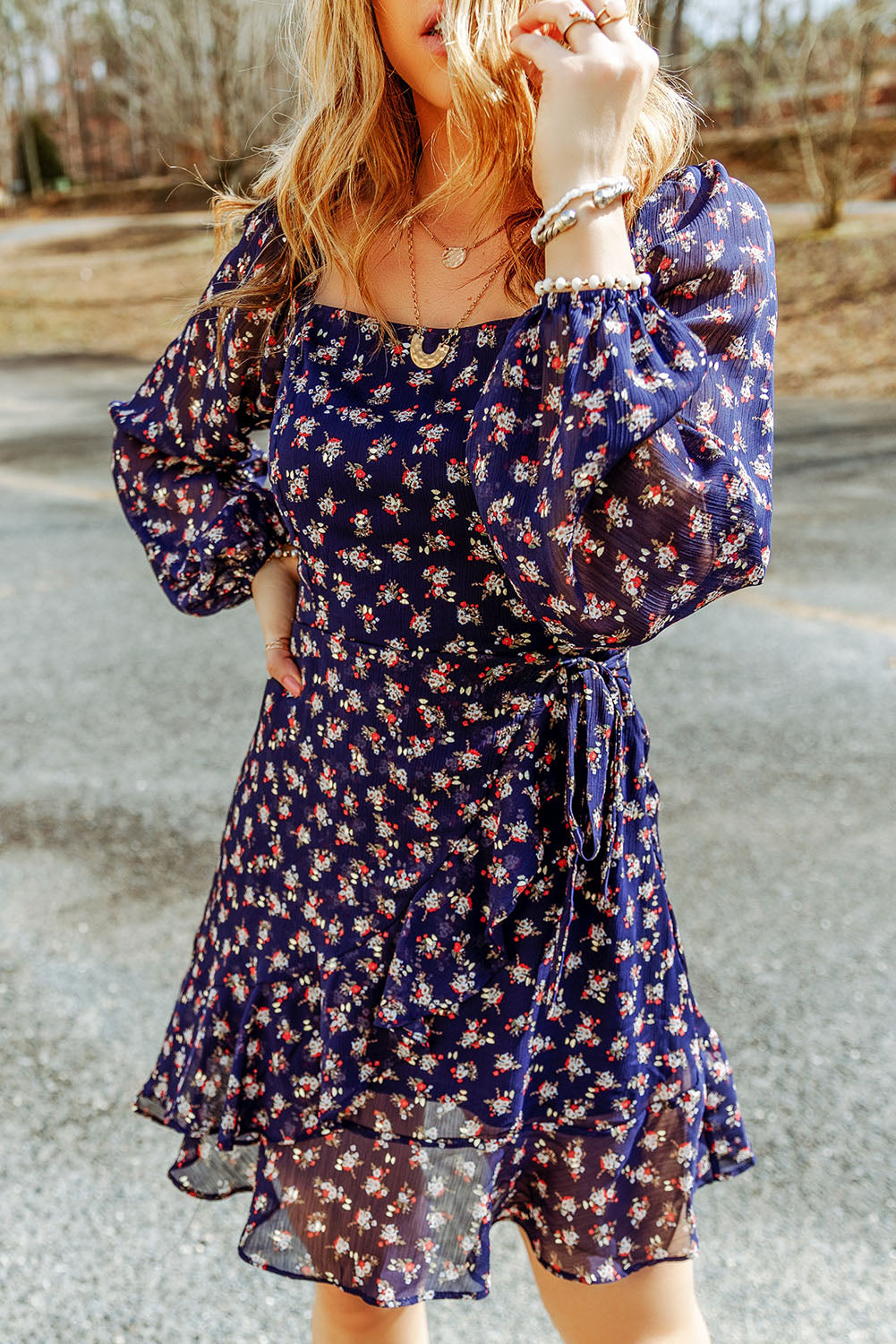 A stylish Printed Square Neck Ruffled Dress featuring a chic printed pattern, square neckline, long sleeves, and an A-line hem.