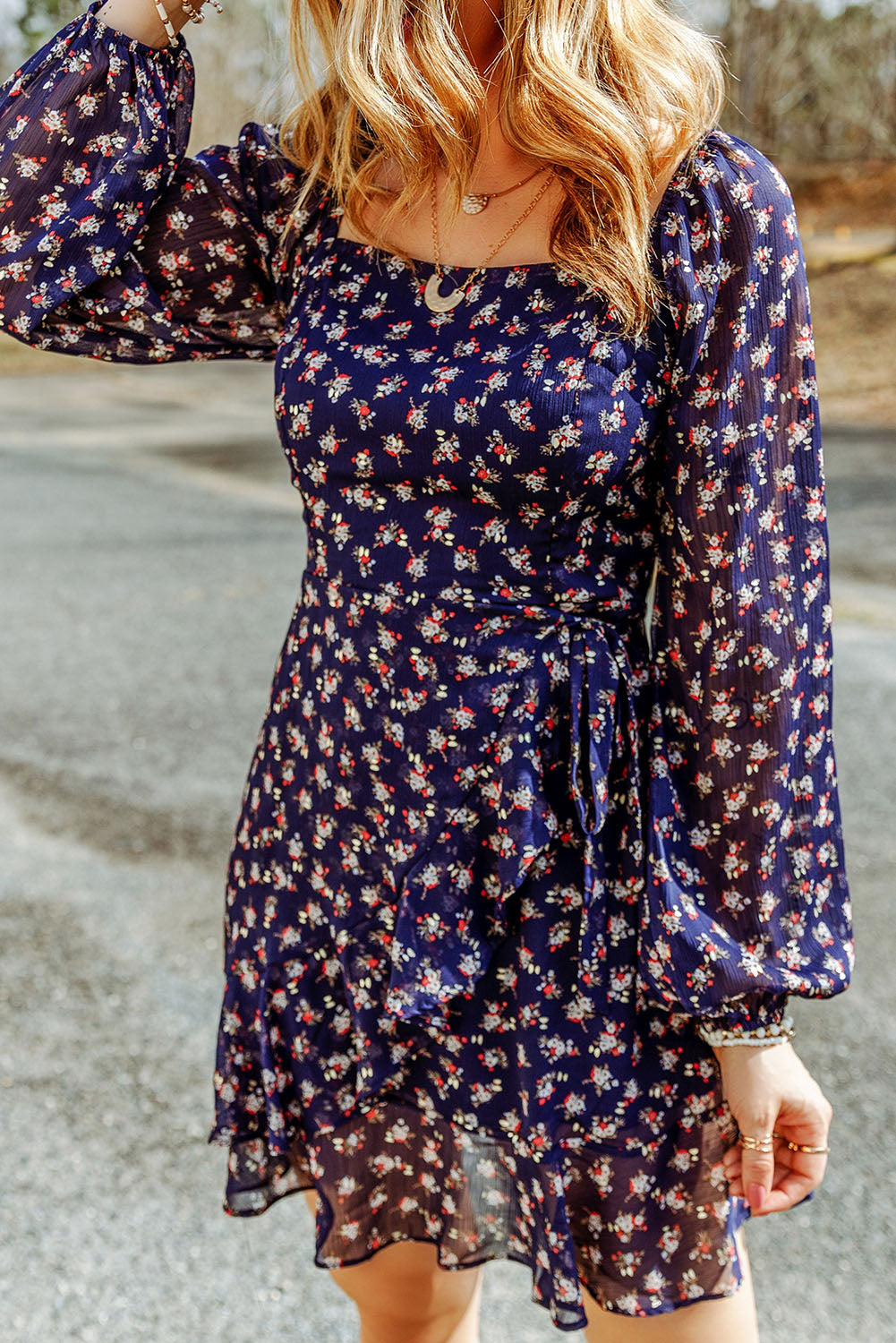 A stylish Printed Square Neck Ruffled Dress featuring a chic printed pattern, square neckline, long sleeves, and an A-line hem.