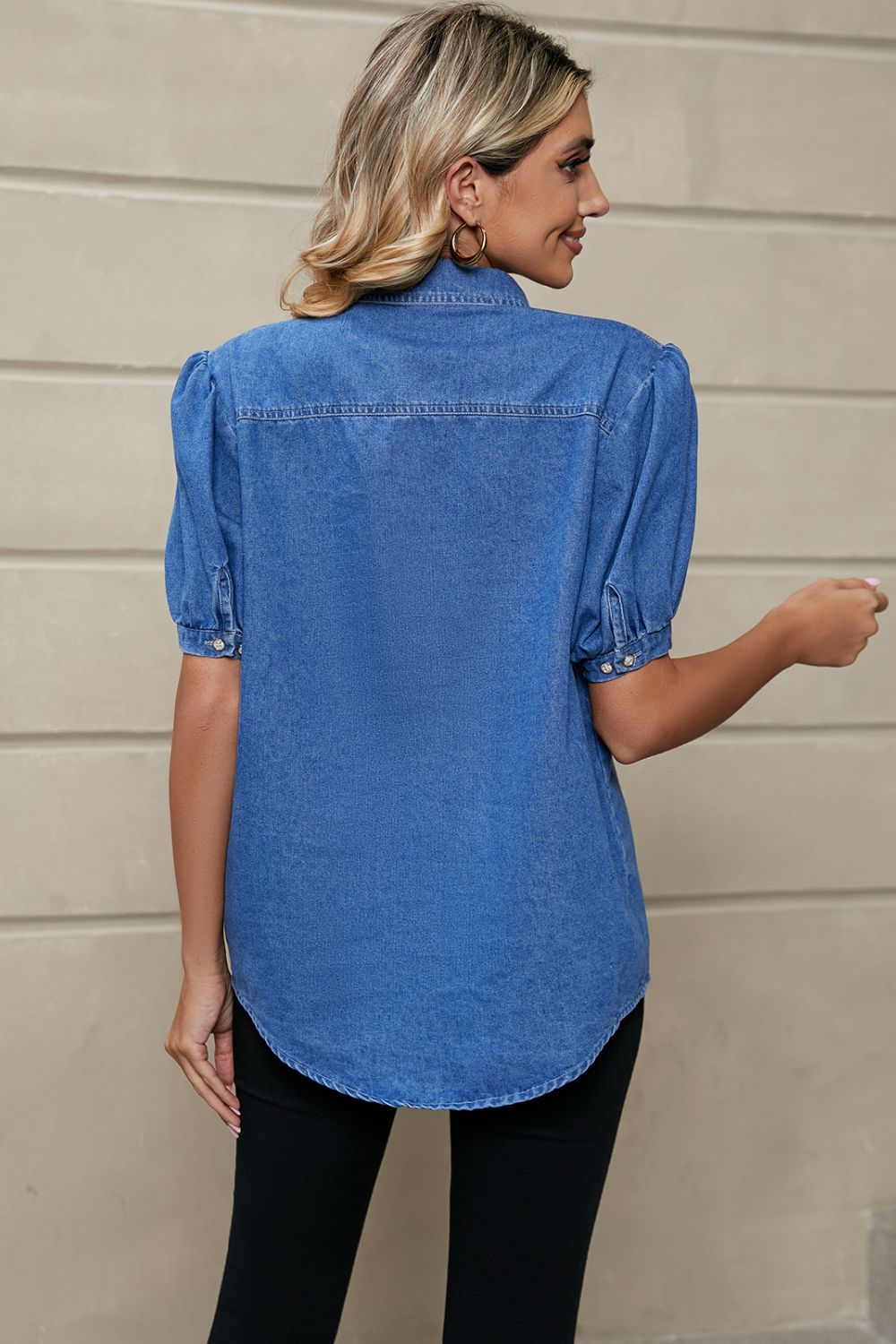 Puff Sleeve Collared Denim Top featuring short puff sleeves, collared neck, and pockets in a solid design.