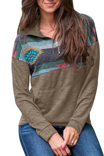 Stylish brown pullover sweatshirt with unique print and zip closure, perfect for modern women.