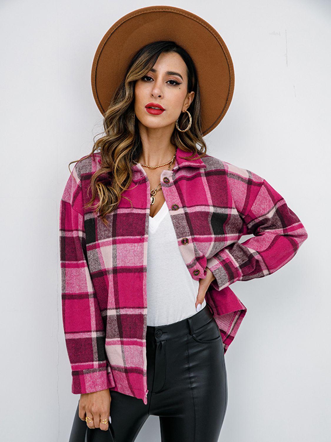 Pumpkin Spice Button-Down Jacket featuring a chic plaid design, collared neck, and long sleeves, perfect for fall fashion.