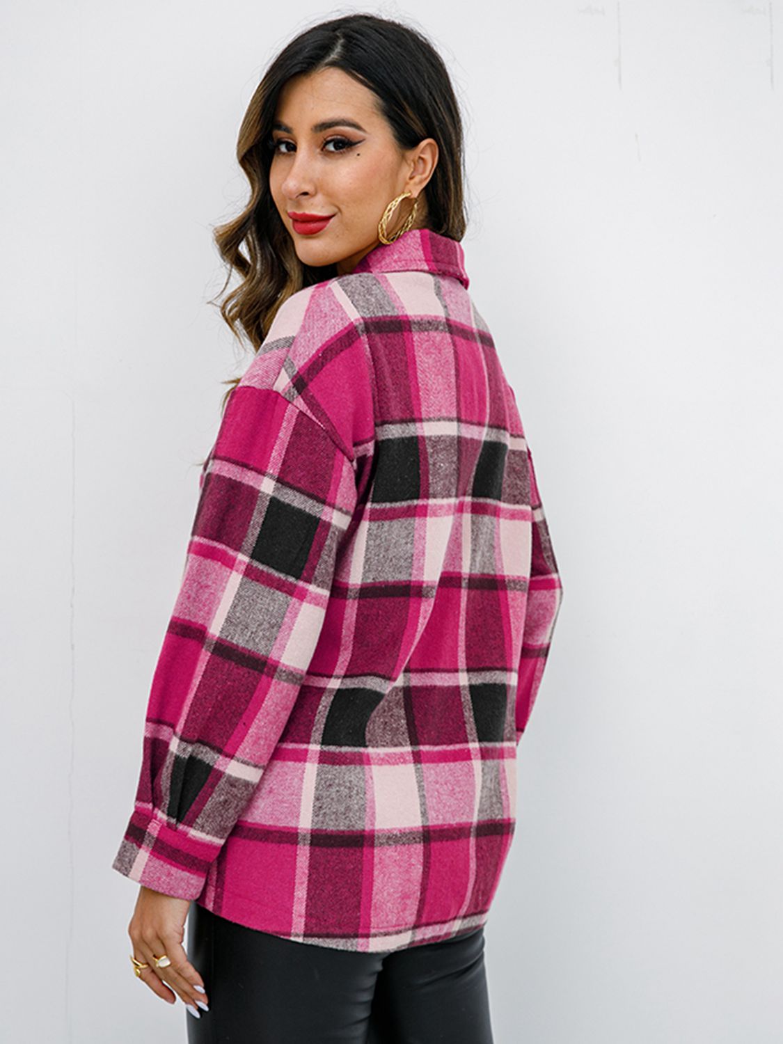 Pumpkin Spice Button-Down Jacket featuring a chic plaid design, collared neck, and long sleeves, perfect for fall fashion.