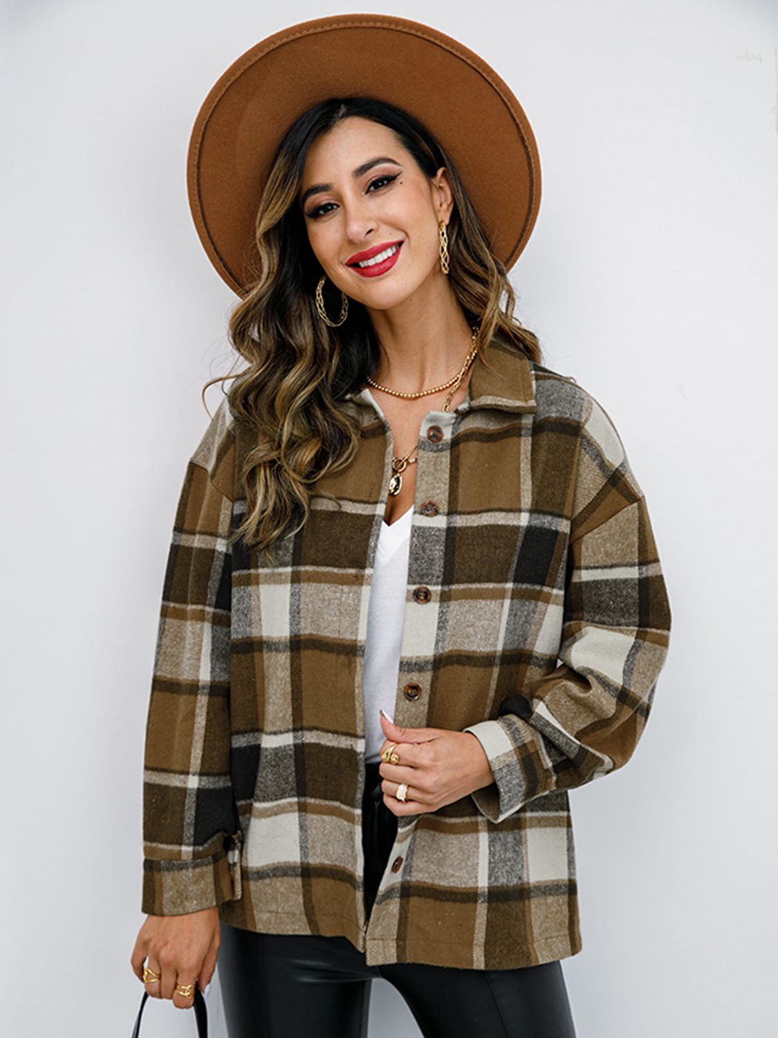 Pumpkin Spice Button-Down Jacket featuring a chic plaid design, collared neck, and long sleeves, perfect for fall fashion.