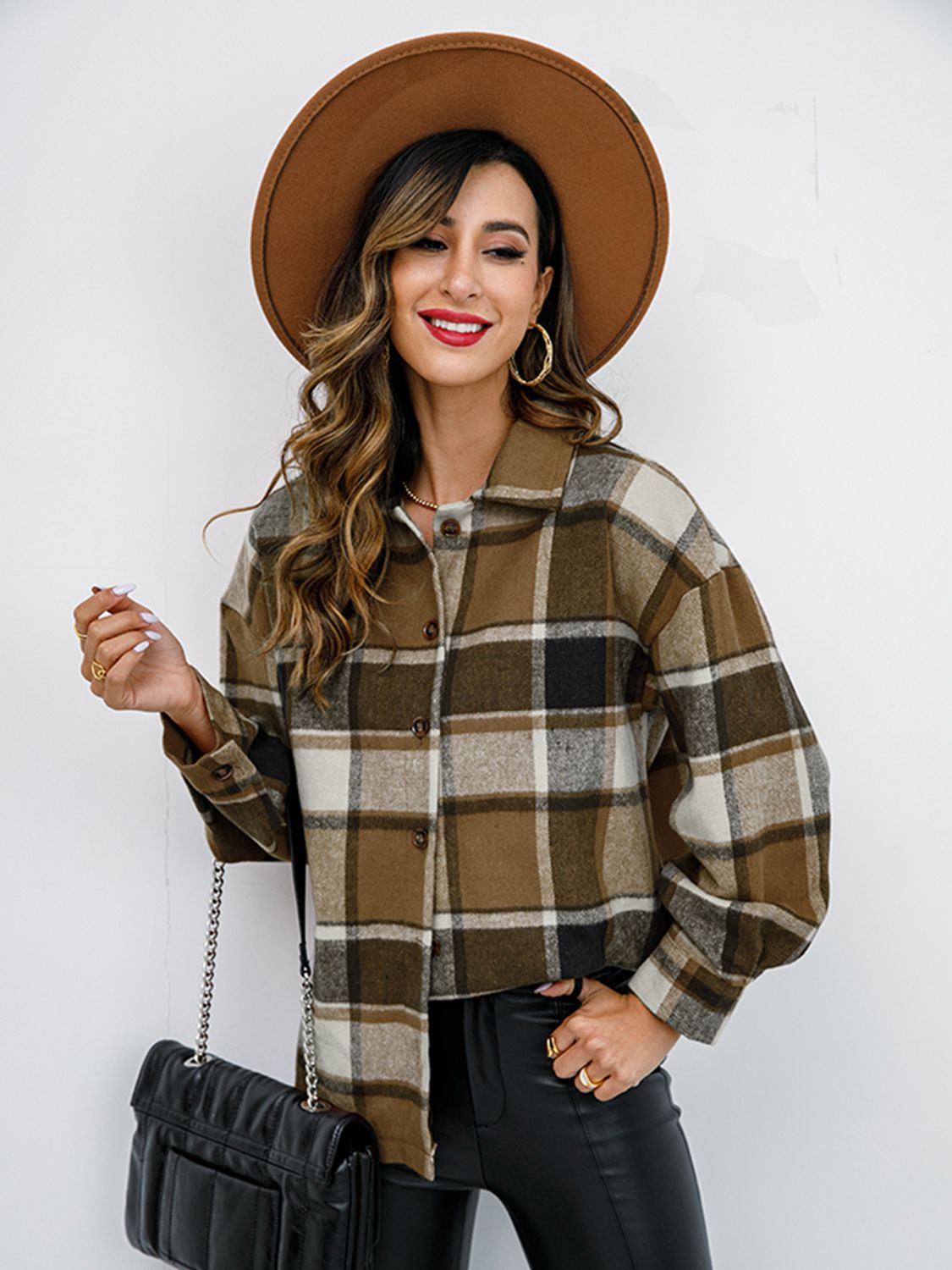 Pumpkin Spice Button-Down Jacket featuring a chic plaid design, collared neck, and long sleeves, perfect for fall fashion.