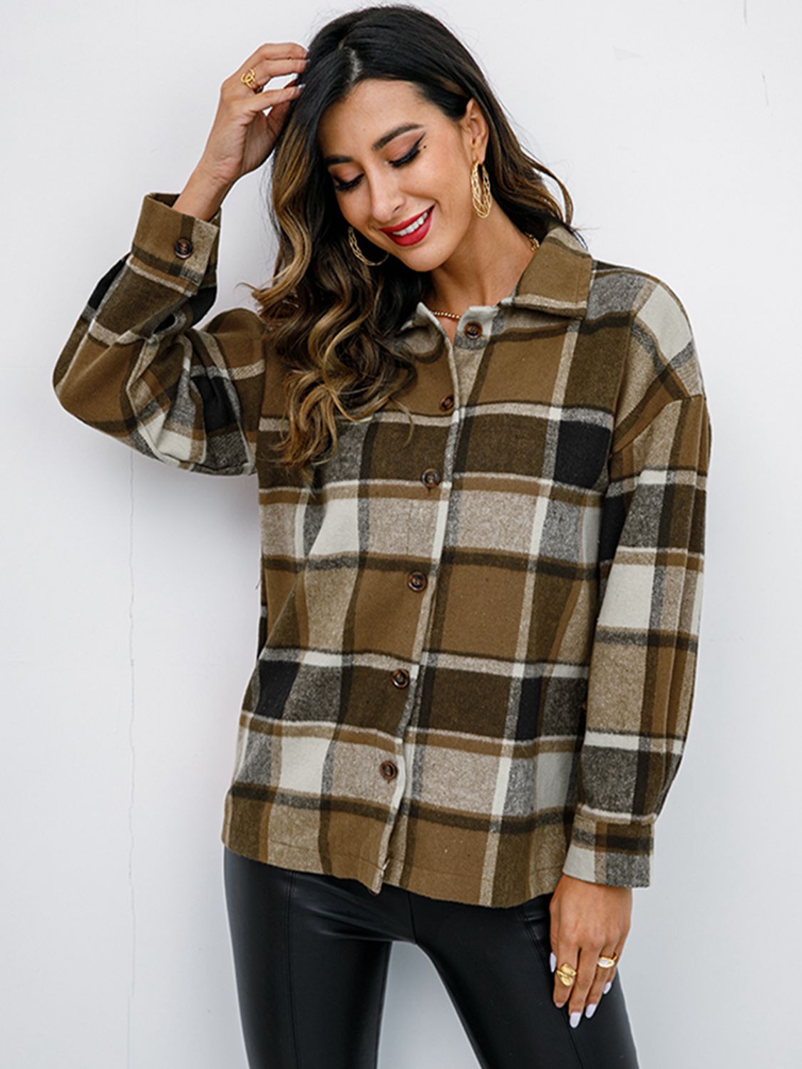 Pumpkin Spice Button-Down Jacket featuring a chic plaid design, collared neck, and long sleeves, perfect for fall fashion.