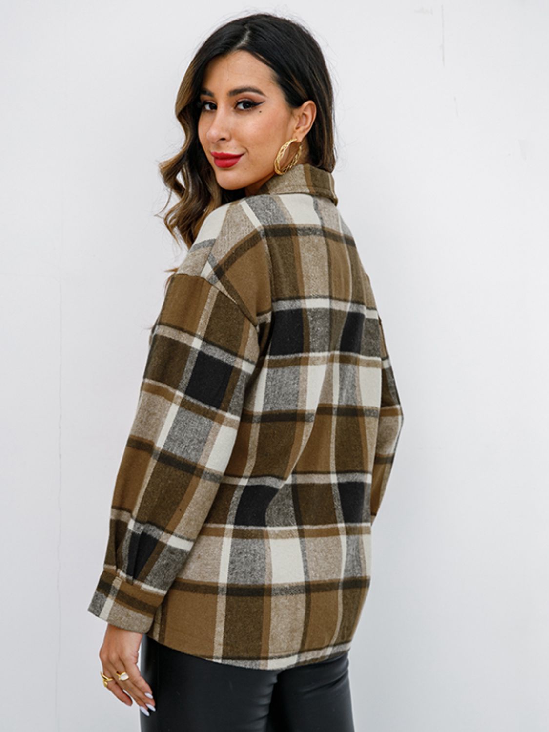 Pumpkin Spice Button-Down Jacket featuring a chic plaid design, collared neck, and long sleeves, perfect for fall fashion.