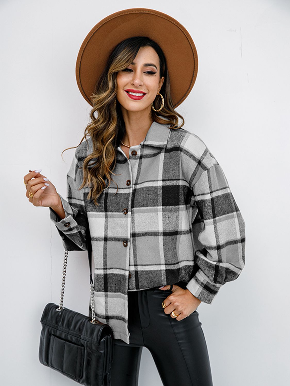 Pumpkin Spice Button-Down Jacket featuring a chic plaid design, collared neck, and long sleeves, perfect for fall fashion.