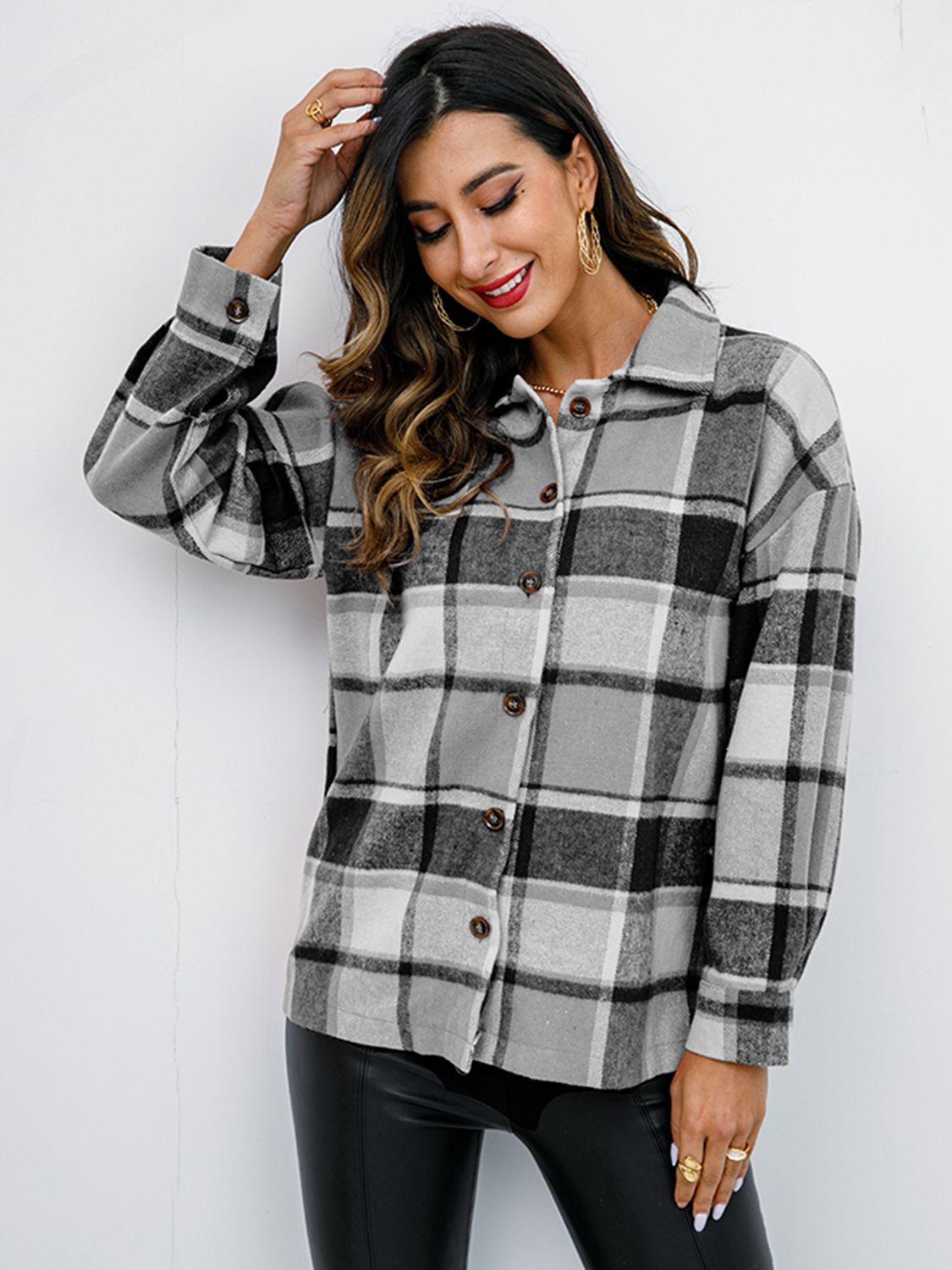 Pumpkin Spice Button-Down Jacket featuring a chic plaid design, collared neck, and long sleeves, perfect for fall fashion.