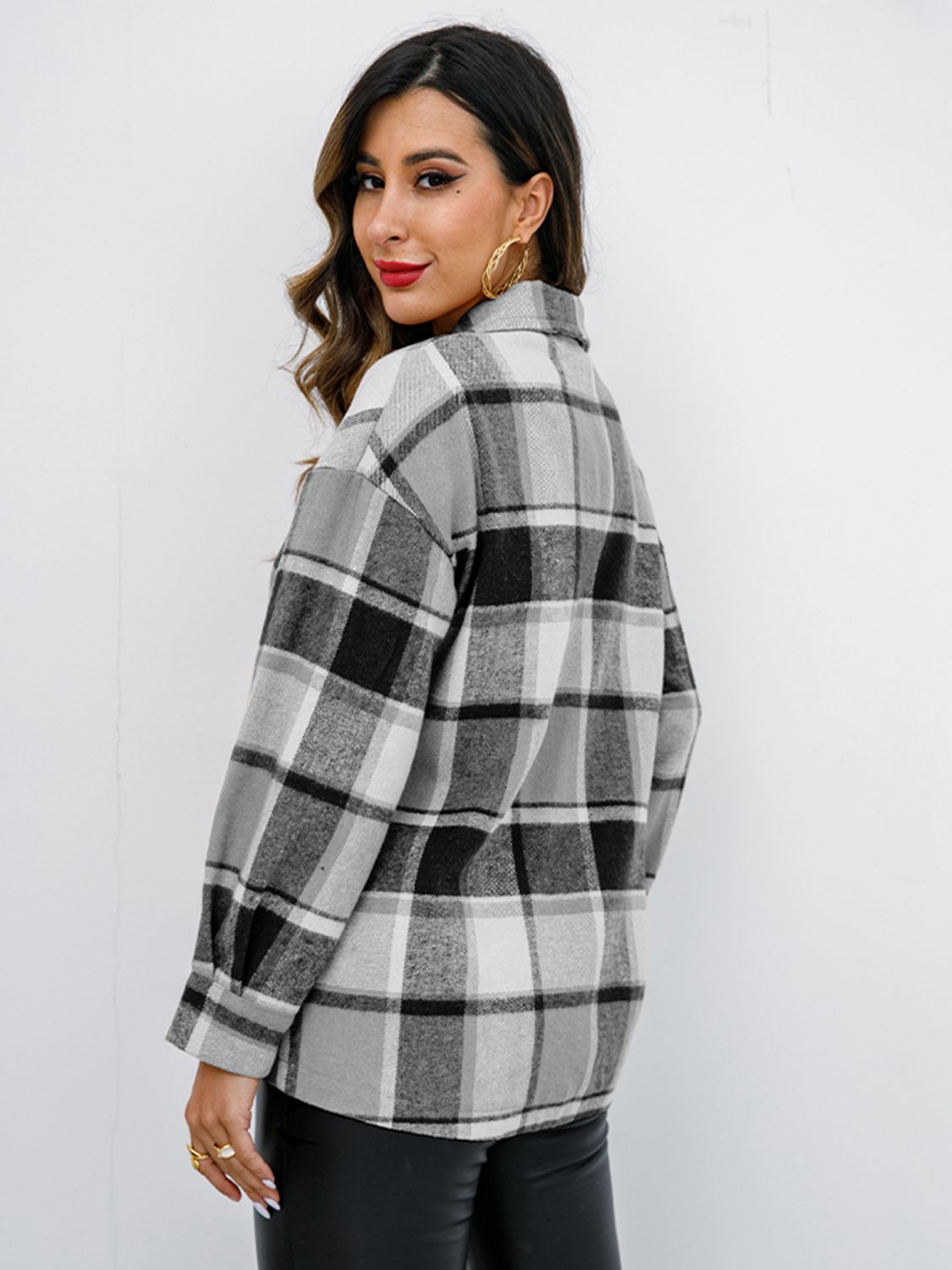 Pumpkin Spice Button-Down Jacket featuring a chic plaid design, collared neck, and long sleeves, perfect for fall fashion.