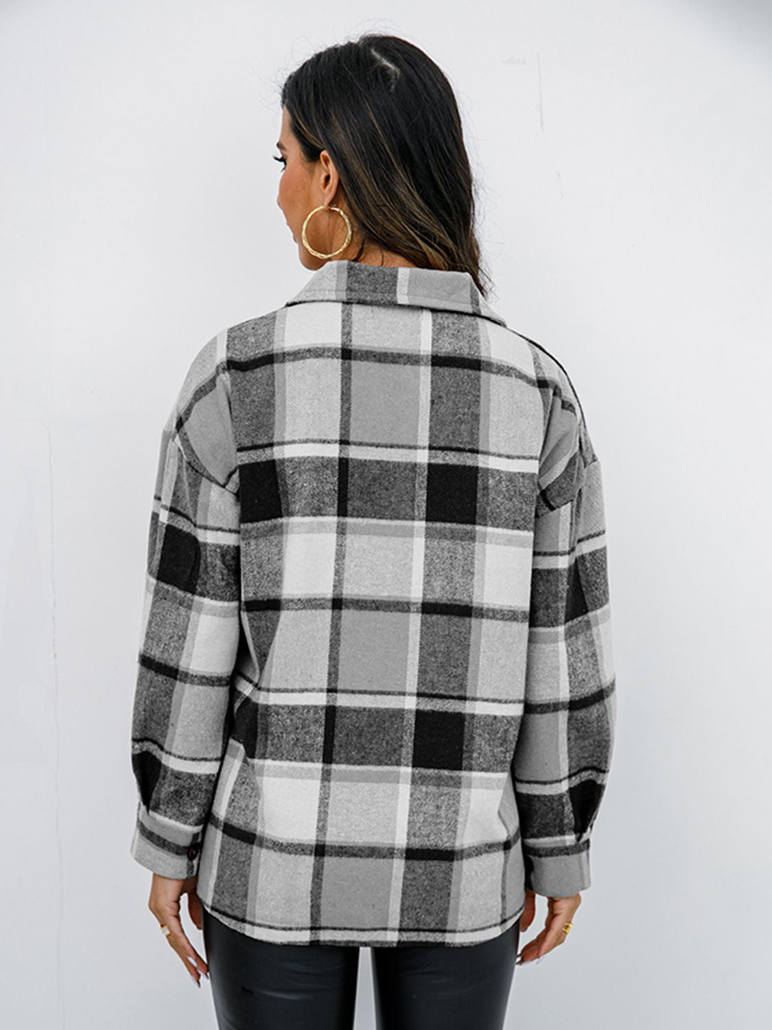 Pumpkin Spice Button-Down Jacket featuring a chic plaid design, collared neck, and long sleeves, perfect for fall fashion.