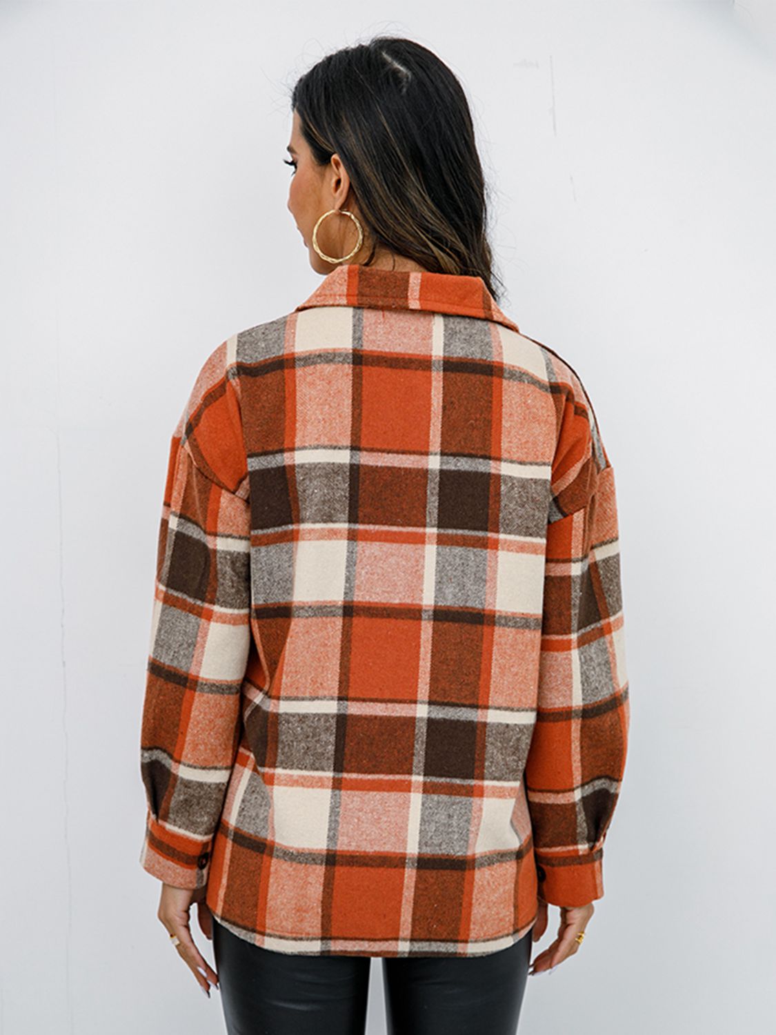 Pumpkin Spice Button-Down Jacket featuring a chic plaid design, collared neck, and long sleeves, perfect for fall fashion.