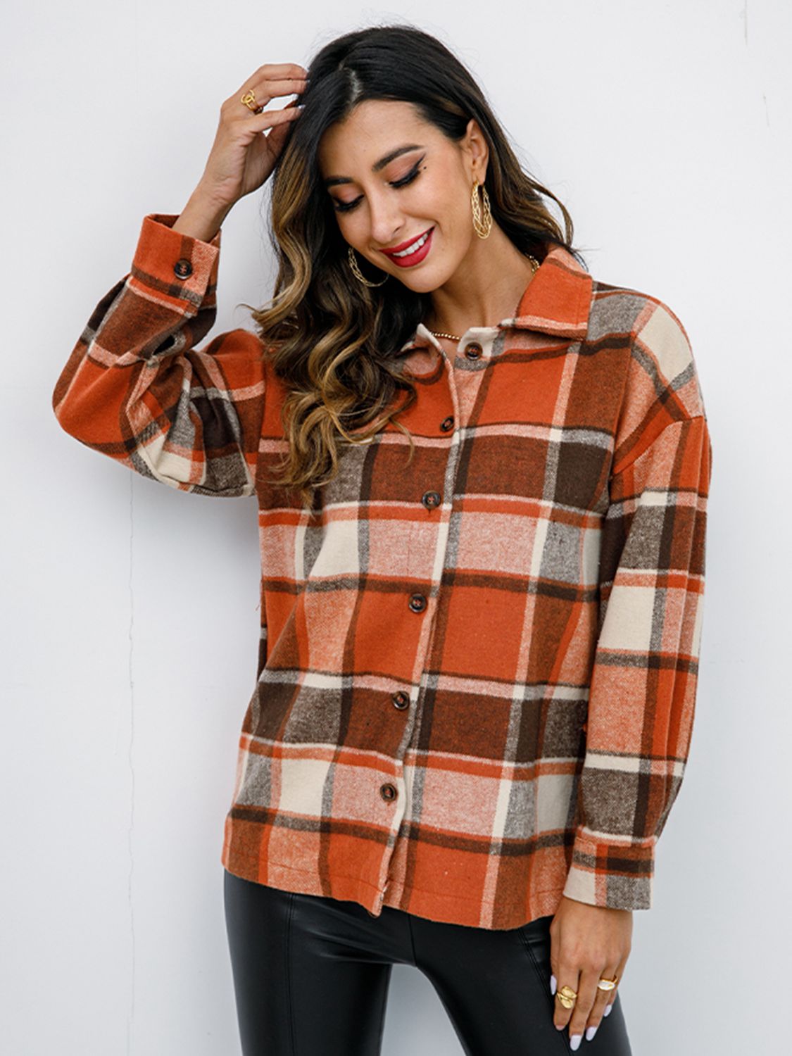 Pumpkin Spice Button-Down Jacket featuring a chic plaid design, collared neck, and long sleeves, perfect for fall fashion.