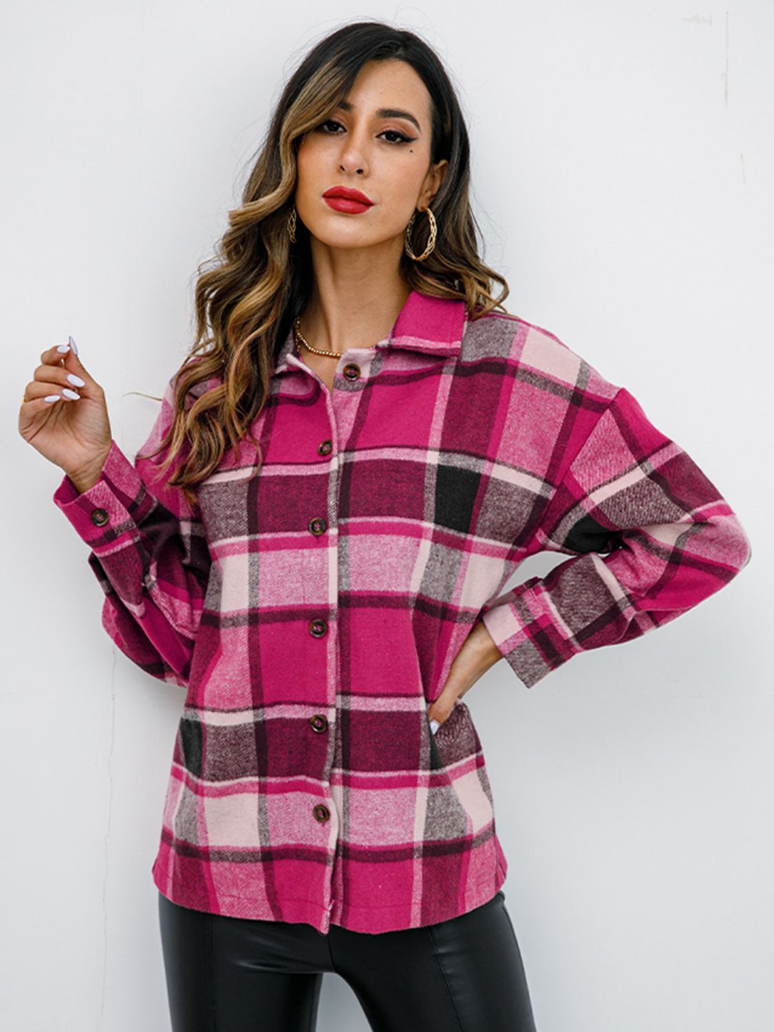 Pumpkin Spice Button-Down Jacket featuring a chic plaid design, collared neck, and long sleeves, perfect for fall fashion.