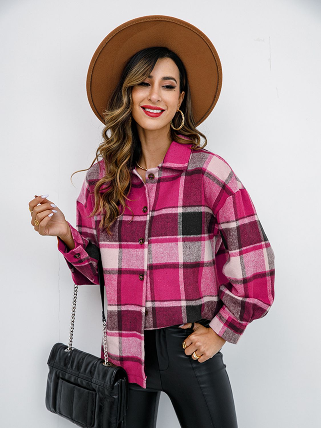 Pumpkin Spice Button-Down Jacket featuring a chic plaid design, collared neck, and long sleeves, perfect for fall fashion.