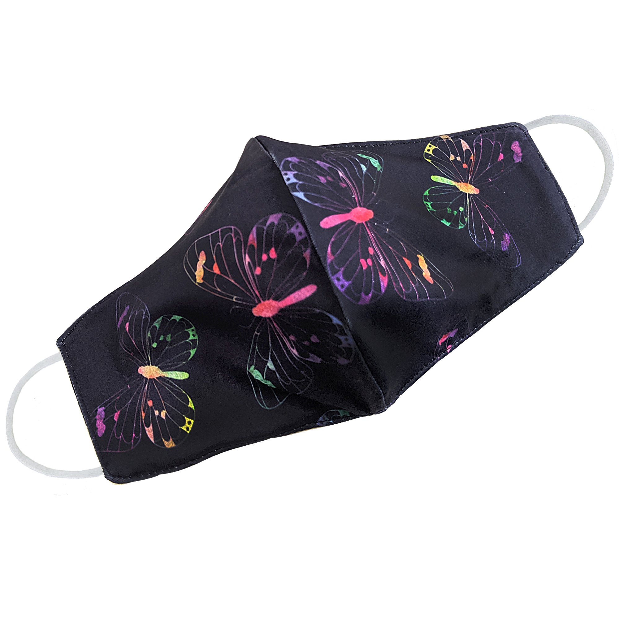 Purple Multi-Color Butterfly Face Mask featuring a vibrant butterfly design, made of breathable cotton and polyester layers.