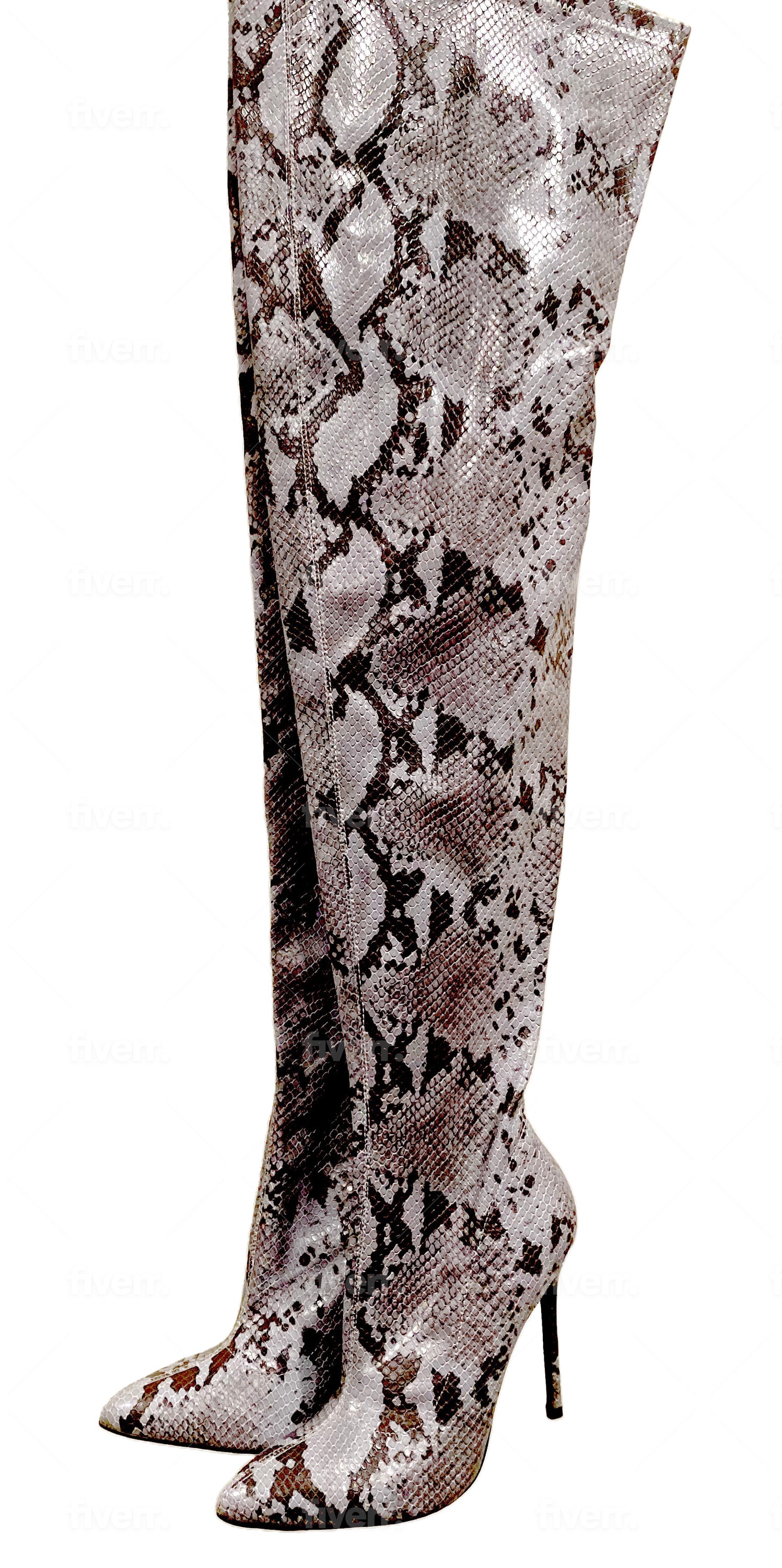 Pythonette Over The Thigh Boot featuring a stylish grey and blue color blend, pointed round toe, and a 3.5-inch heel.