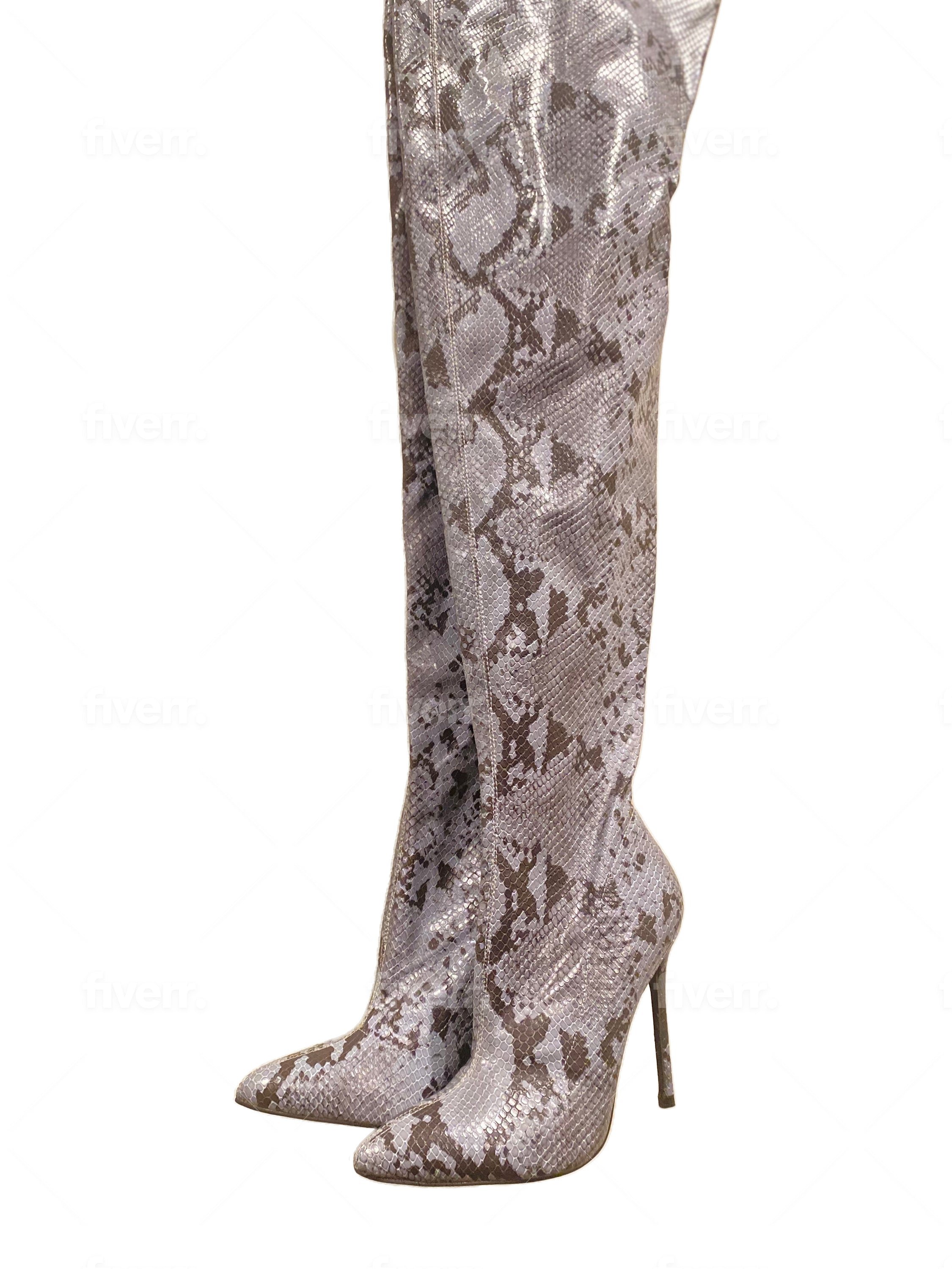 Pythonette Over The Thigh Boot featuring a stylish grey and blue color blend, pointed round toe, and a 3.5-inch heel.