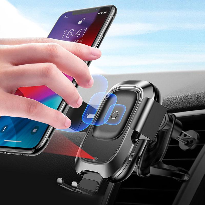 Qi Car Wireless Charger with infrared sensing auto-lock feature, designed for iPhone 11 Pro, XS Max, and Samsung S10.