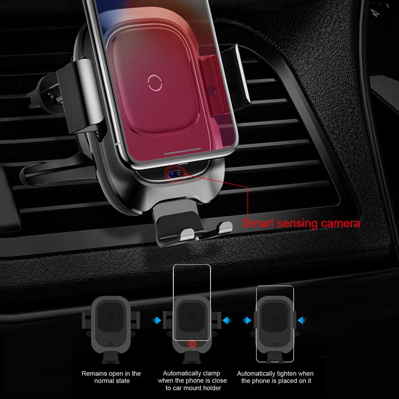 Qi Car Wireless Charger with infrared sensing auto-lock feature, designed for iPhone 11 Pro, XS Max, and Samsung S10.