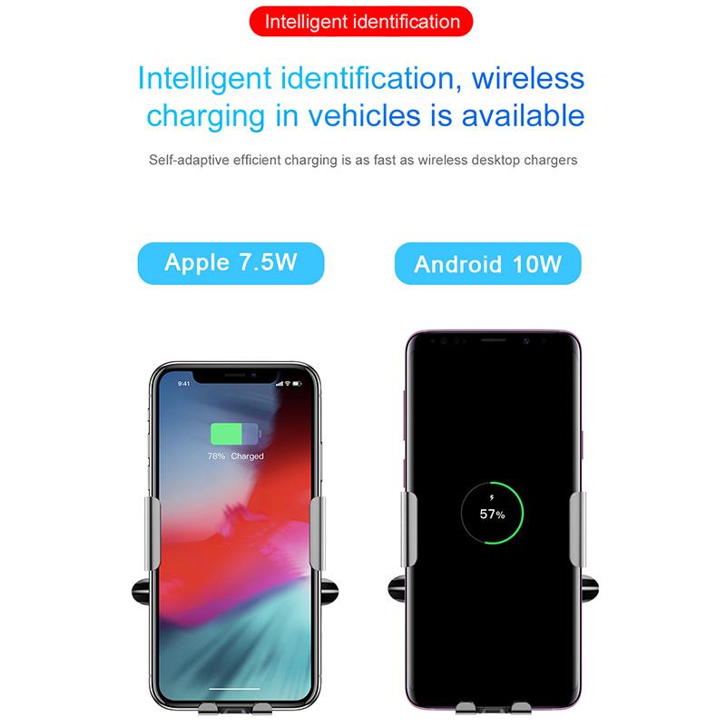 Qi Car Wireless Charger with infrared sensing auto-lock feature, designed for iPhone 11 Pro, XS Max, and Samsung S10.