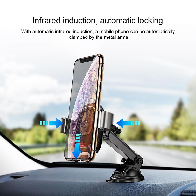 Qi Car Wireless Charger with infrared sensing auto-lock feature, designed for iPhone 11 Pro, XS Max, and Samsung S10.