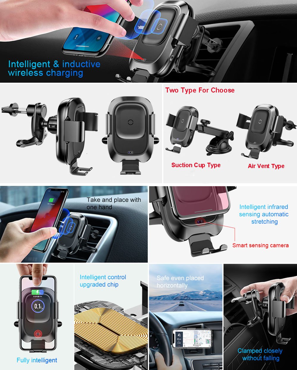 Qi Car Wireless Charger with infrared sensing auto-lock feature, designed for iPhone 11 Pro, XS Max, and Samsung S10.