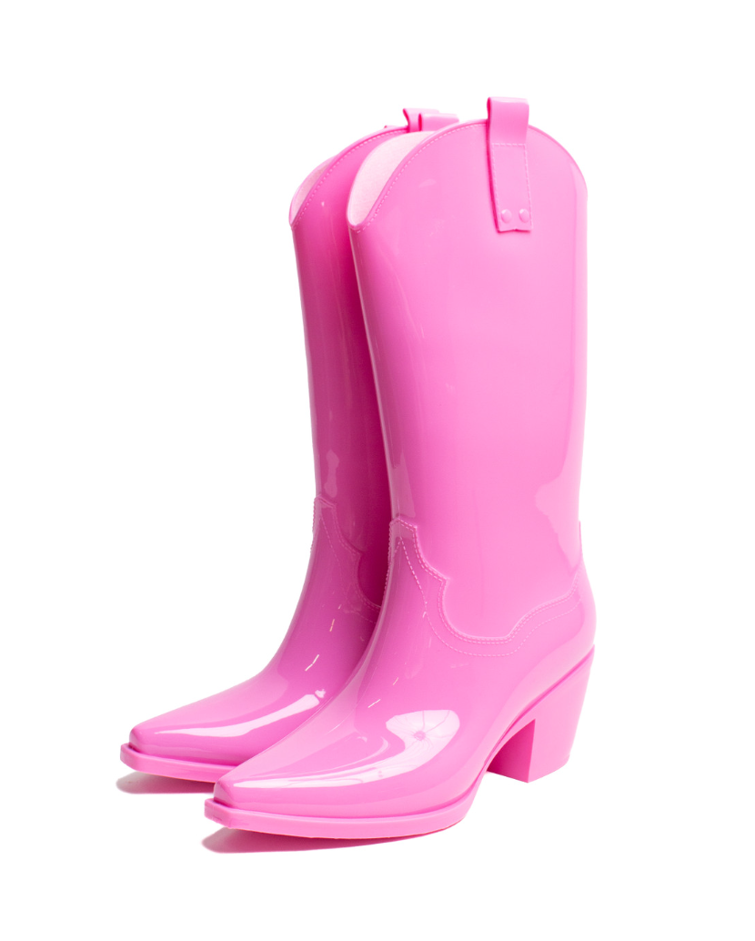 A pair of stylish waterproof rain boots in vibrant colors, perfect for wet weather.