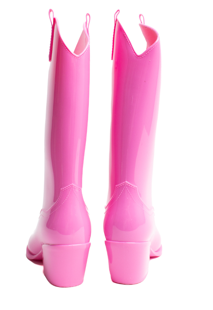 A pair of stylish waterproof rain boots in vibrant colors, perfect for wet weather.