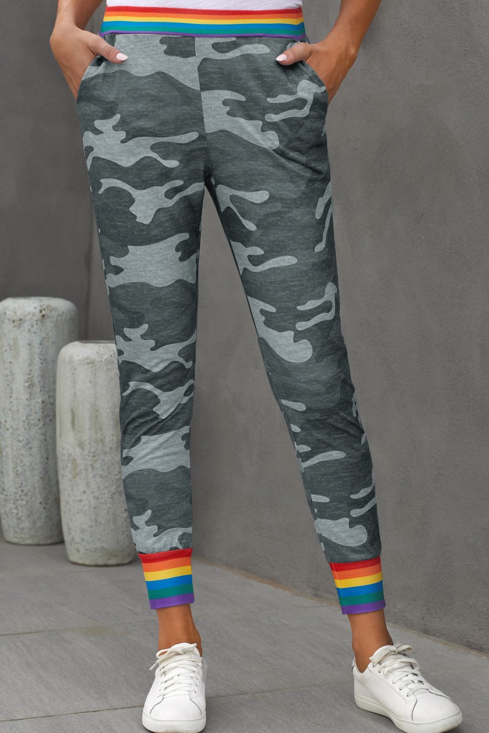 Rainbow Stripe Gray Camo Casual Pants featuring a unique camo print with a colorful rainbow waistband and ankle details.