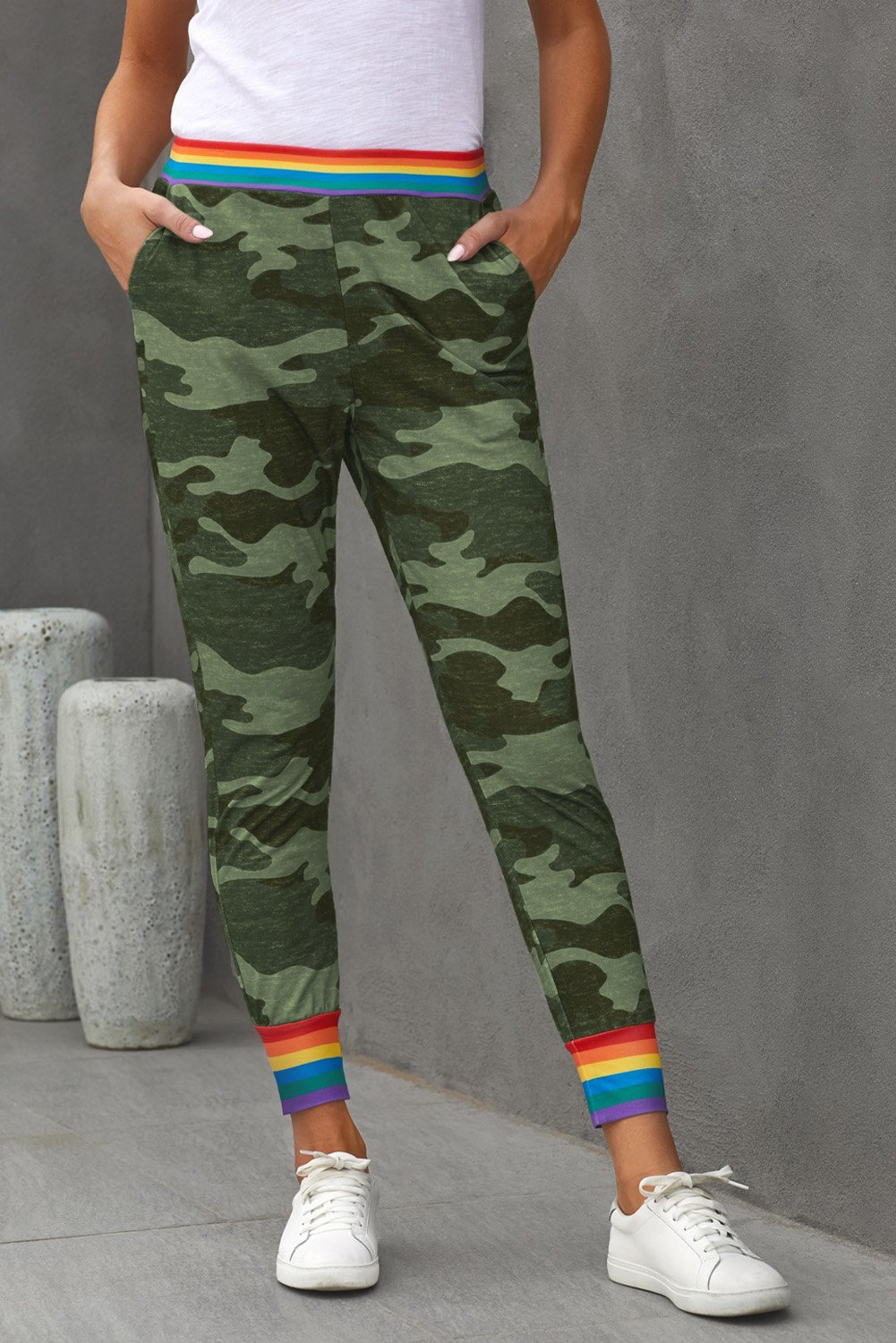 Rainbow Stripe Gray Camo Casual Pants featuring a unique camo print with a colorful rainbow waistband and ankle details.