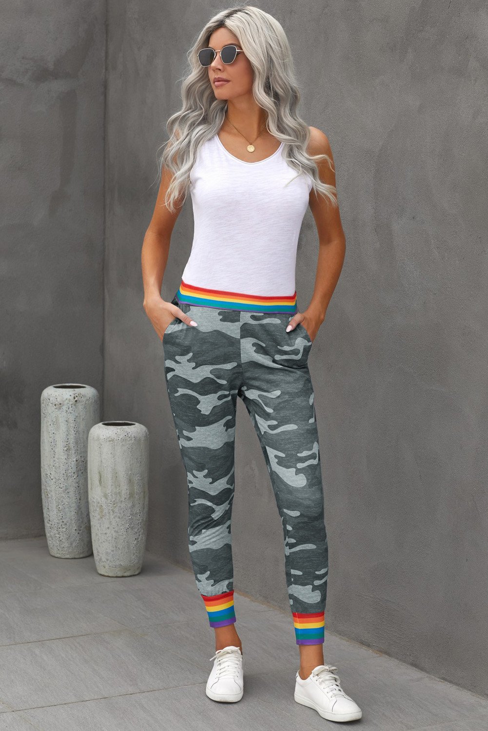 Rainbow Stripe Gray Camo Casual Pants featuring a unique camo print with a colorful rainbow waistband and ankle details.