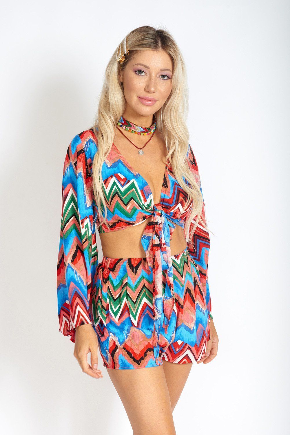 Rainbow Waves Bohemian Front Tying Crop Top with colorful geometric print and blouson sleeves, perfect for summer outings.