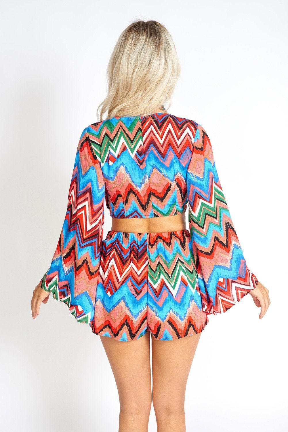 Rainbow Waves Bohemian Front Tying Crop Top with colorful geometric print and blouson sleeves, perfect for summer outings.