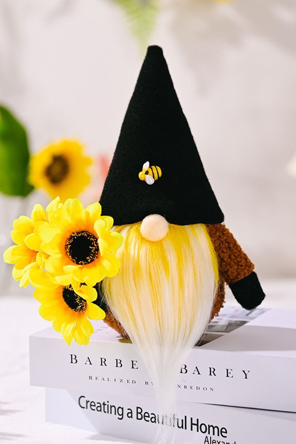 Three charming sunflower faceless gnomes made of brushed flannel and PP cotton, showcasing a whimsical design perfect for home decor.