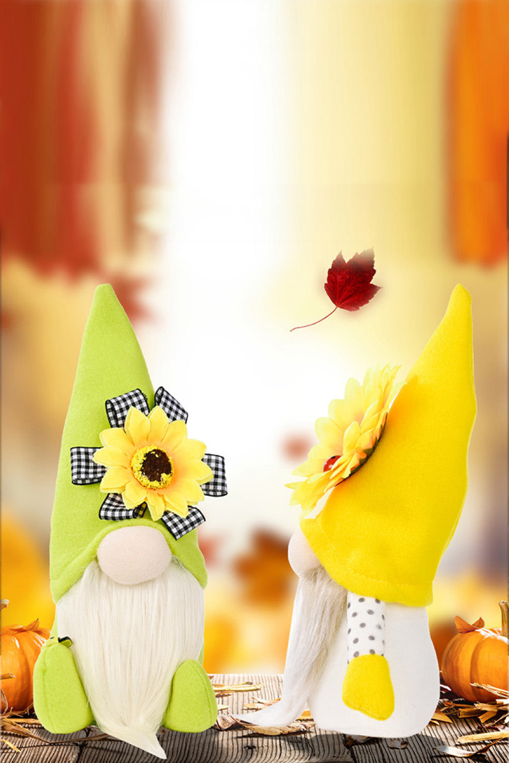 Three charming sunflower faceless gnomes made of brushed flannel and PP cotton, showcasing a whimsical design perfect for home decor.