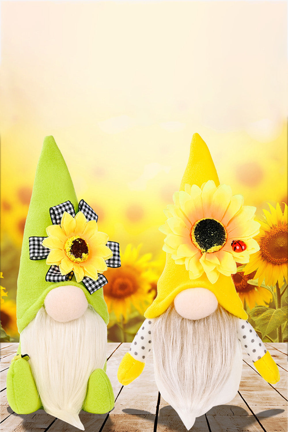 Three charming sunflower faceless gnomes made of brushed flannel and PP cotton, showcasing a whimsical design perfect for home decor.