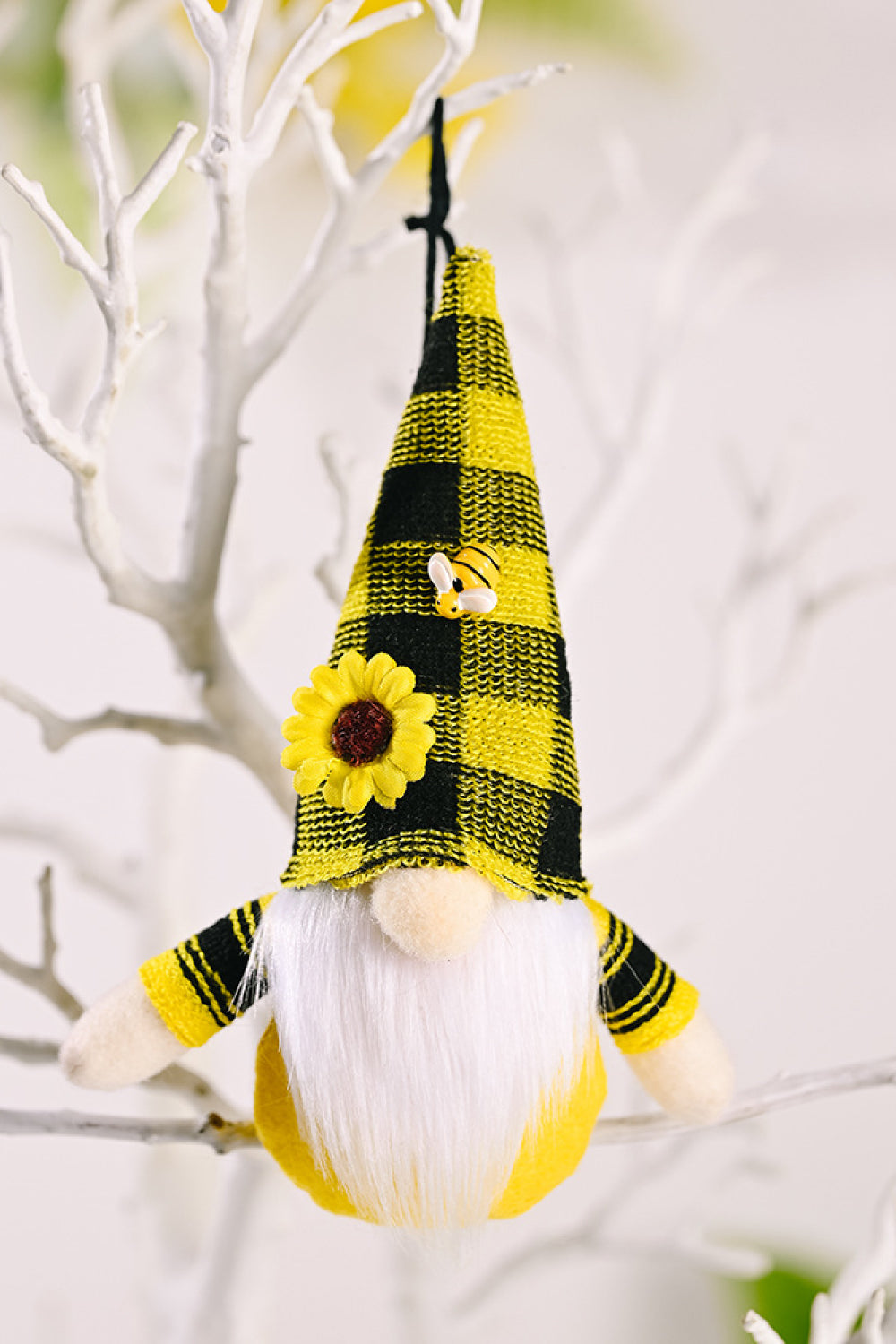 A colorful set of four sunflower faceless gnome hanging widgets, showcasing their whimsical design and vibrant colors.