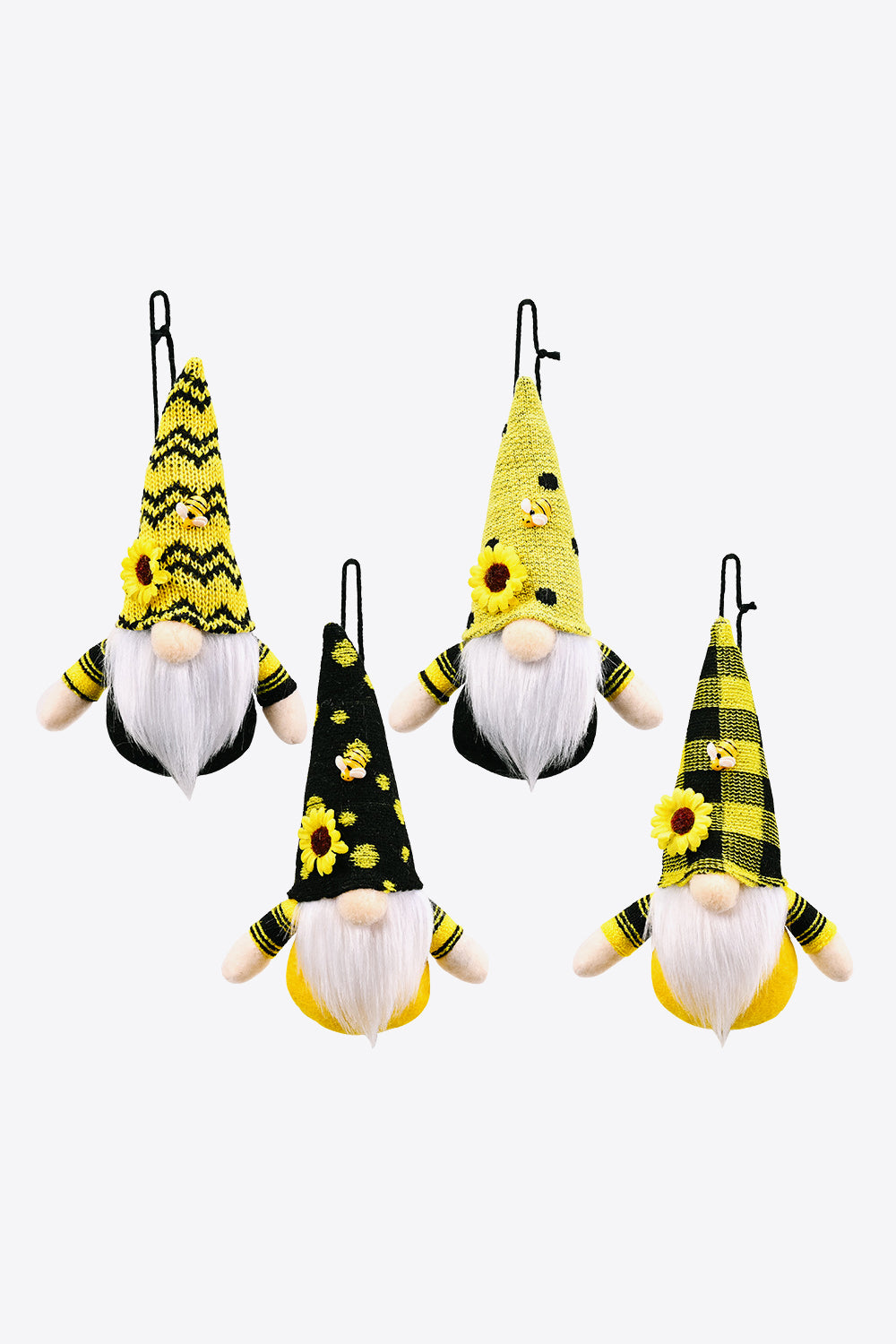 A colorful set of four sunflower faceless gnome hanging widgets, showcasing their whimsical design and vibrant colors.