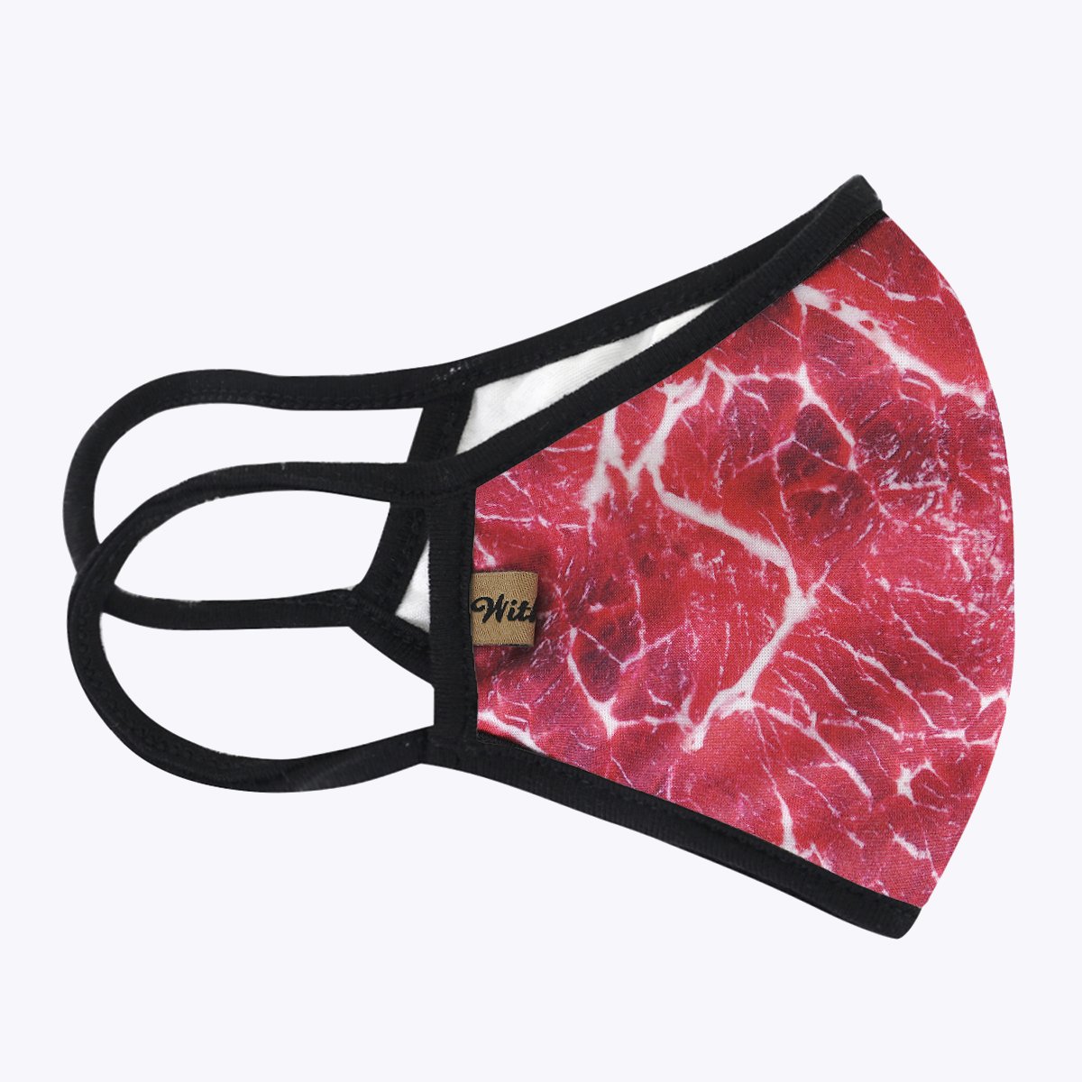 Raw Beef 3-Layered Face Cover featuring a unique print design, made with polyester and cotton for comfort and protection.