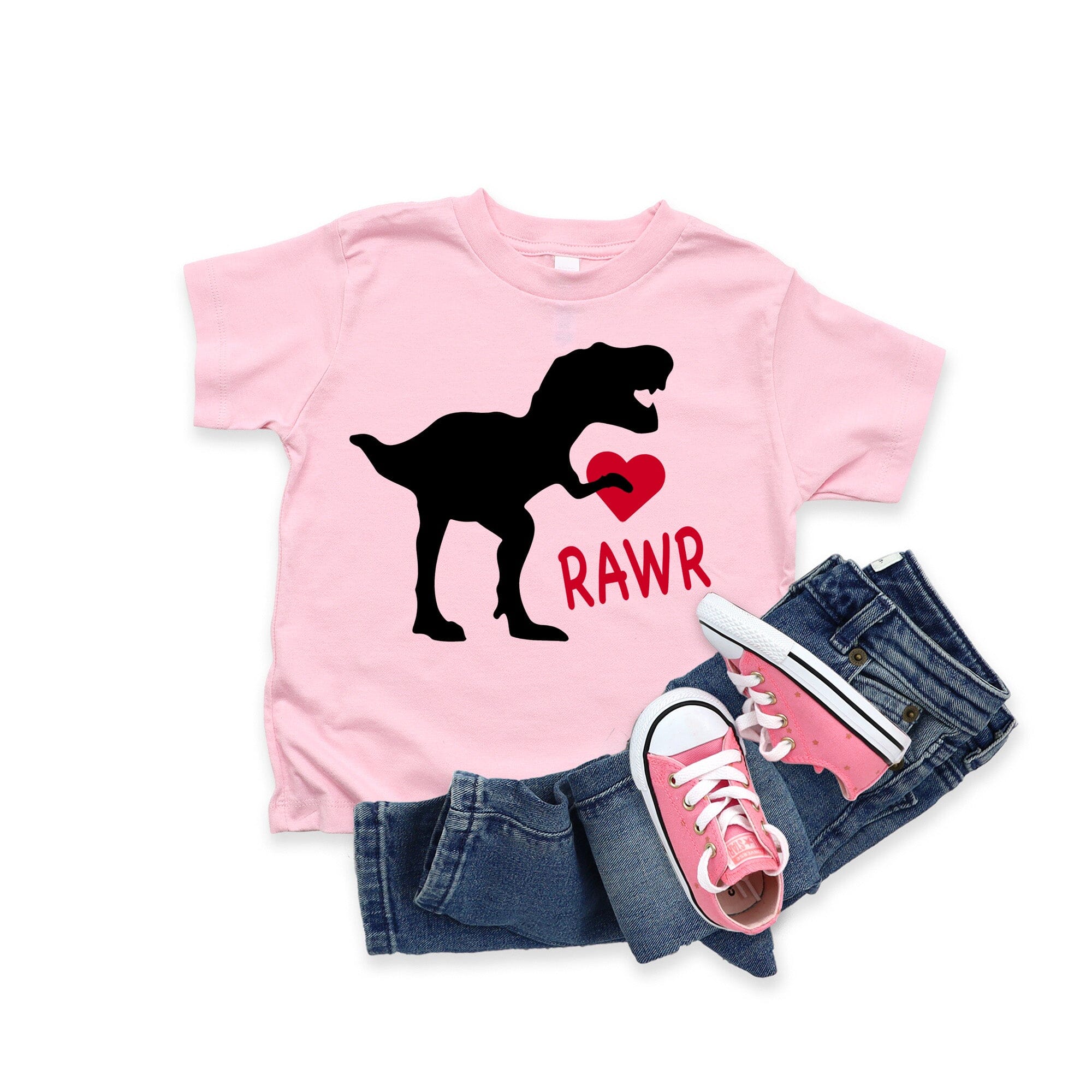 A cute Rawr Valentine Baby Tee featuring playful graphics, made from soft cotton jersey, perfect for babies.