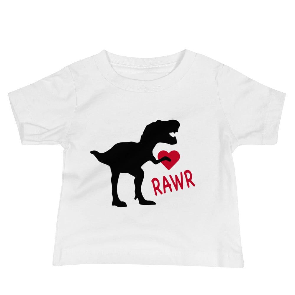 A cute Rawr Valentine Baby Tee featuring playful graphics, made from soft cotton jersey, perfect for babies.