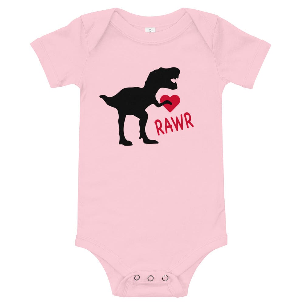 A cute Rawr Valentine Onesie featuring a playful design, made from soft cotton, perfect for babies.