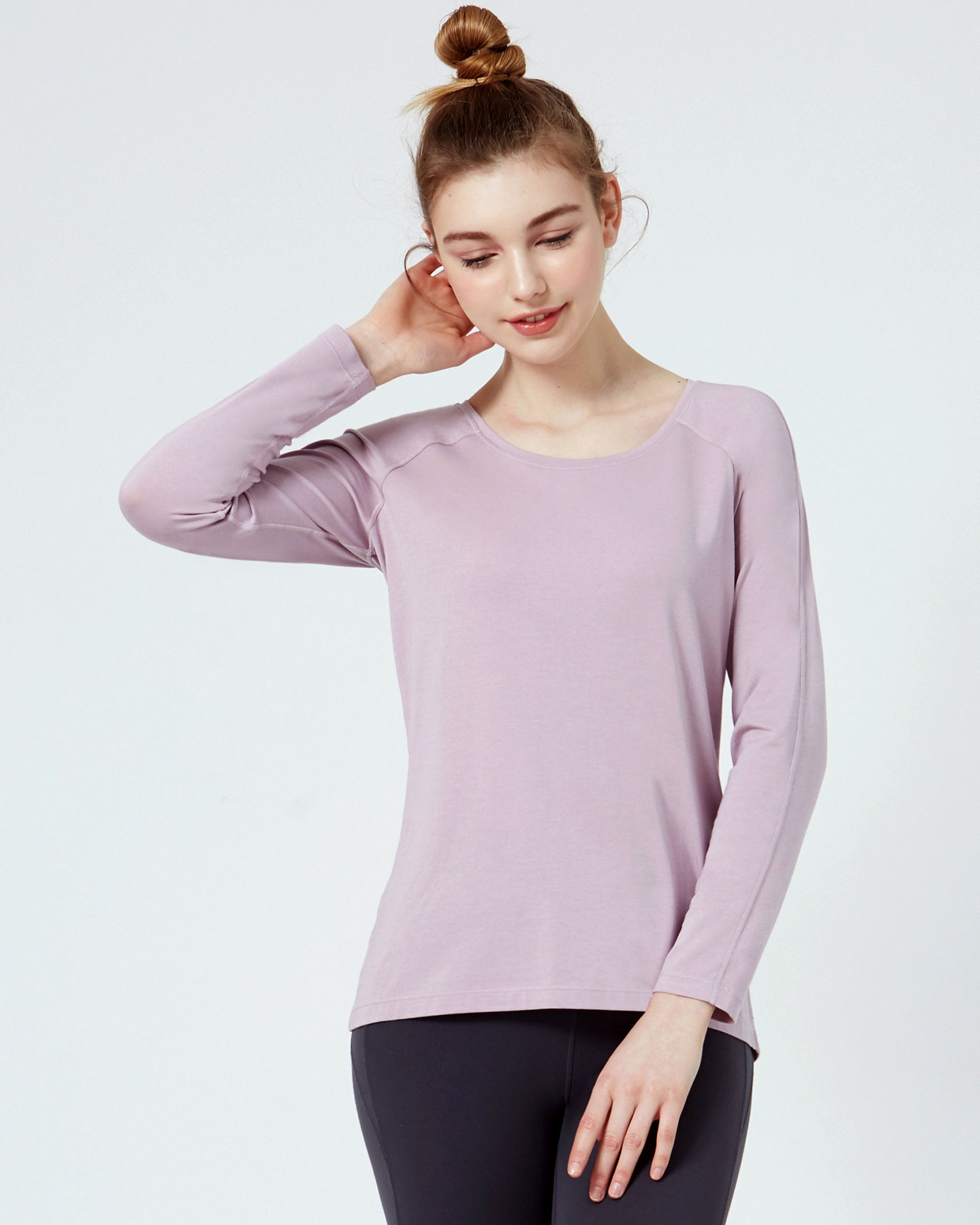 Rebody Essentials Scooped Long Sleeve Top in soft Pima cotton blend, featuring a stylish scooped neckline and long sleeves.