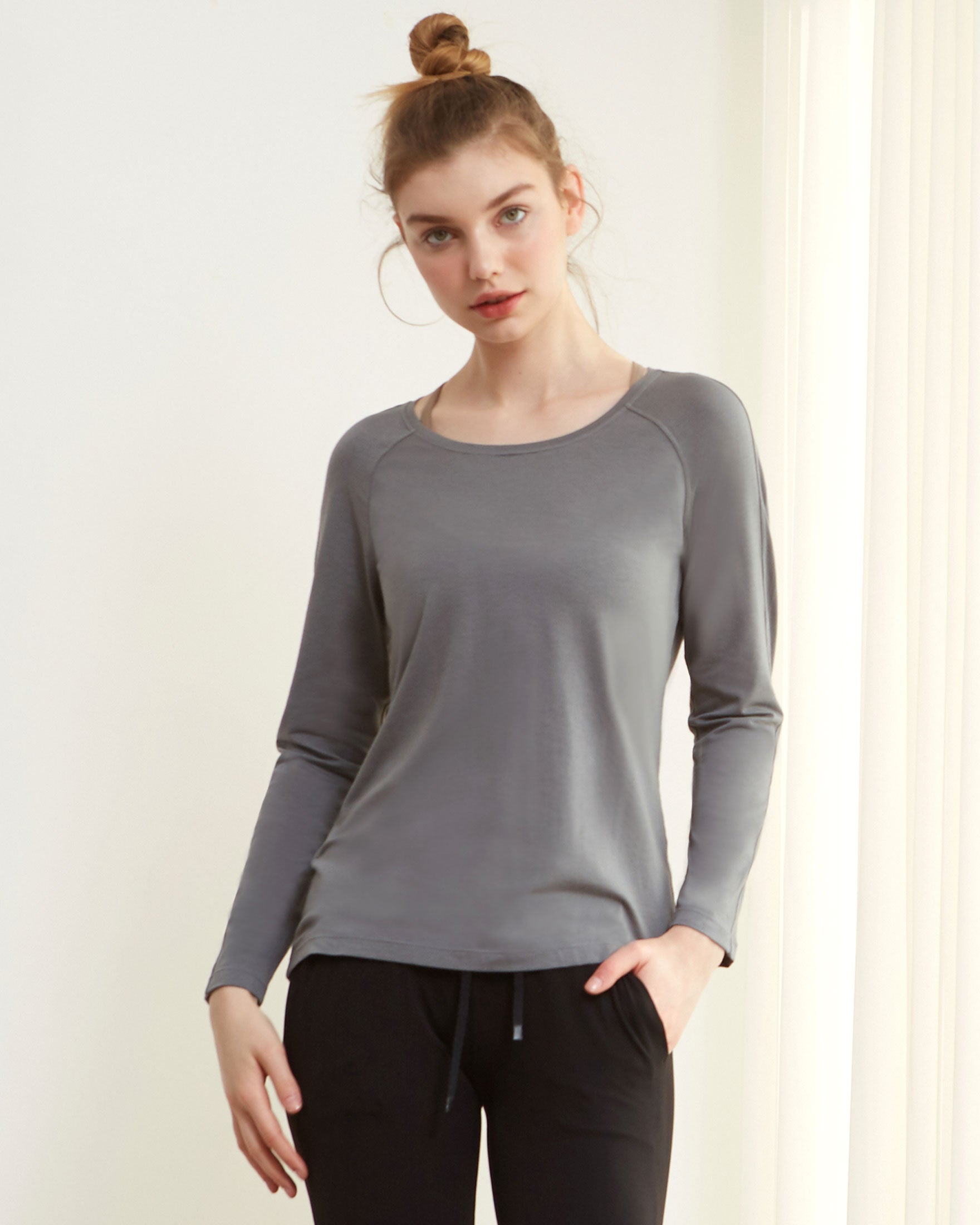 Rebody Essentials Scooped Long Sleeve Top in soft Pima cotton blend, featuring a stylish scooped neckline and long sleeves.